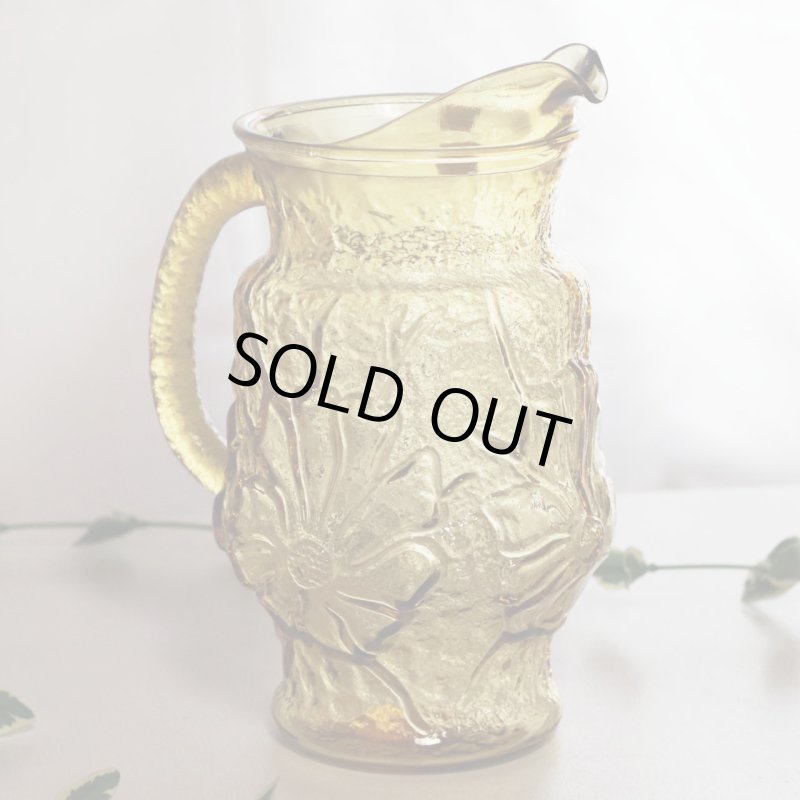 USAヴィンテージアンカーホッキングレインフラワーピッチャー＆タンブラー５個セット|ハニーゴールドアンバーガラスAnchor Hockingグラス