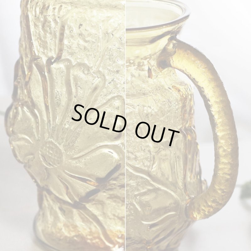 USAヴィンテージアンカーホッキングレインフラワーピッチャー＆タンブラー５個セット|ハニーゴールドアンバーガラスAnchor Hockingグラス