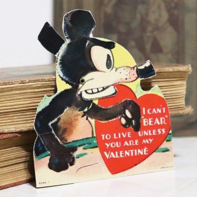 画像1: USAヴィンテージ1936年紙ものバレンタイングリーティングカード｜ハート・ねずみ・くま