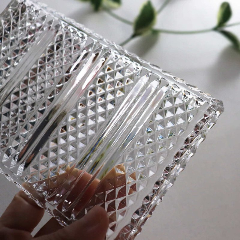 ヴィンテージダイヤプレスカットガラススクエアプレート｜トレー皿小物入れトレイ