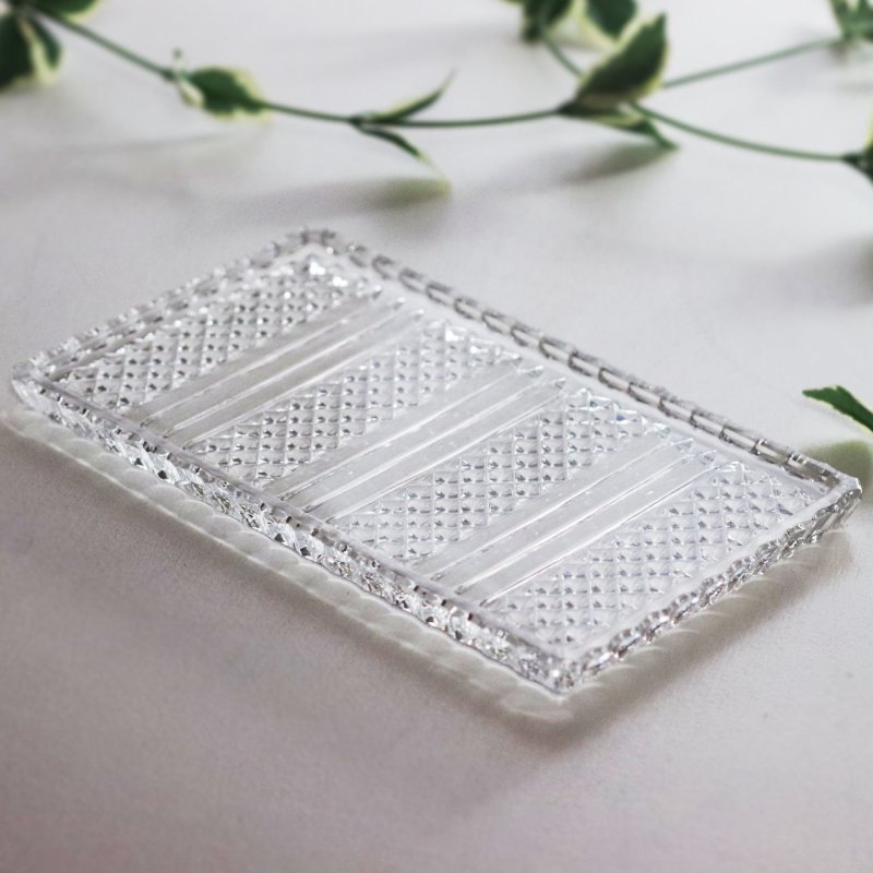 ヴィンテージダイヤプレスカットガラススクエアプレート｜トレー皿小物入れトレイ