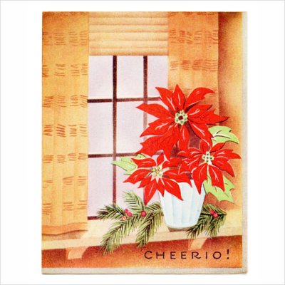 画像1: USAヴィンテージ1950年代紙ものクリスマスカード｜ポインセチア・もみの木・窓辺cheerioアンティークカード