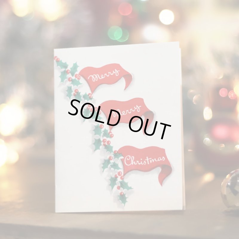 画像7: USAヴィンテージ1950年代紙ものクリスマスカード｜柊ひいらぎとフラッグ三角旗のアンティークカード (7)