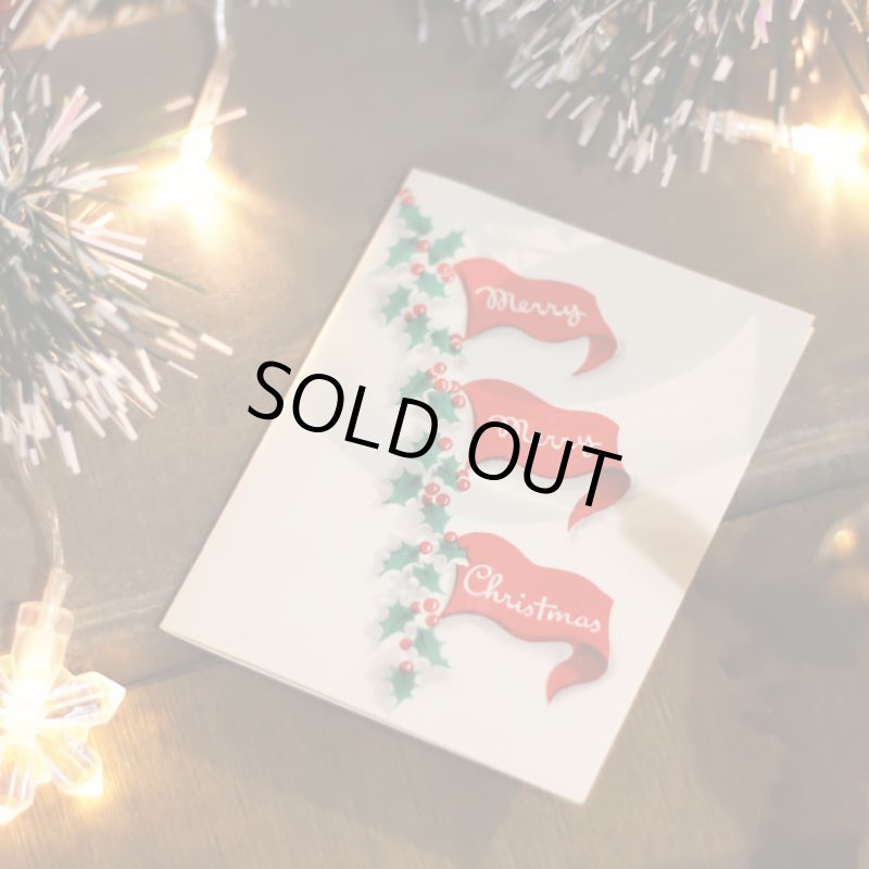 画像8: USAヴィンテージ1950年代紙ものクリスマスカード｜柊ひいらぎとフラッグ三角旗のアンティークカード (8)