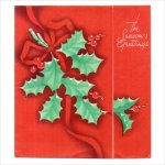 画像1: USAヴィンテージ1940年代柊とリボン真っ赤なクリスマスカード｜アンティーク紙ものグリーティング (1)