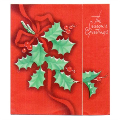 画像1: USAヴィンテージ1940年代柊とリボン真っ赤なクリスマスカード｜アンティーク紙ものグリーティング