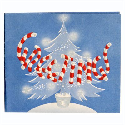 画像1: USAヴィンテージ1950年代紙ものクリスマスカード｜キャンディケインとクリスマスツリーのアンティークカード