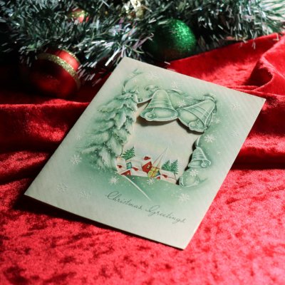 画像1: USAヴィンテージ1940年代紙ものクリスマスカード｜冬景色とジングルベル・アンティークカード