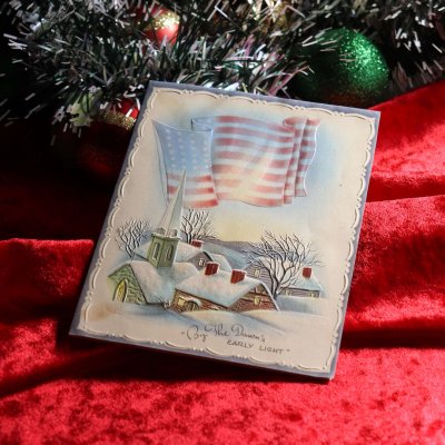 画像1: USAヴィンテージ1940年代紙ものクリスマスカード｜星条旗と雪景色アメリカ国旗・アンティークカード