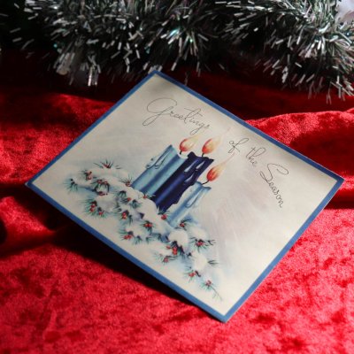 画像1: USAヴィンテージ1940年代紙ものクリスマスカード｜青いクリスマスキャンドル蝋燭アンティークカード