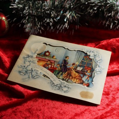 画像1: USAヴィンテージ1940年代紙ものクリスマスカード｜讃美歌聖歌を歌う子供と貴婦人アンティークカード