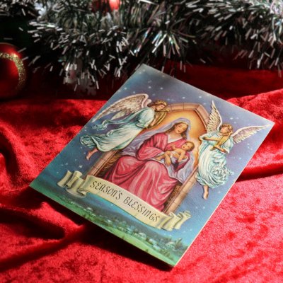 画像1: USAヴィンテージ1940年代紙ものクリスマスカード｜聖母子像とハープを奏でる天使アンティークカード