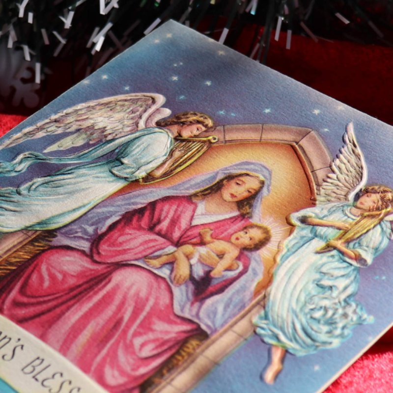 アンティーククリスマスカード|聖母子像とハープを奏でる天使アンティークカード