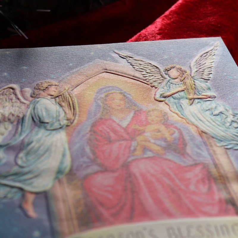 アンティーククリスマスカード|聖母子像とハープを奏でる天使アンティークカード