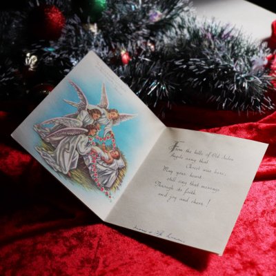 画像2: USAヴィンテージ1940年代紙ものクリスマスカード｜聖母子像とハープを奏でる天使アンティークカード