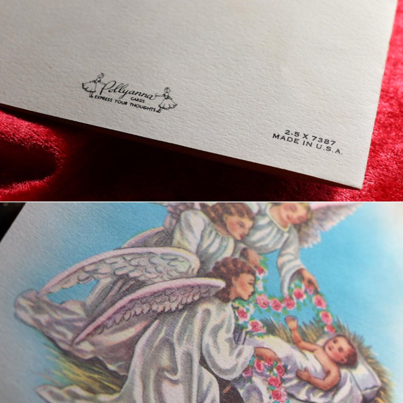 アンティーククリスマスカード|聖母子像とハープを奏でる天使アンティークカード