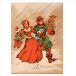 アンティーククリスマスカード｜ポインセチアとクリスマスリースを抱える男女アンティークカード