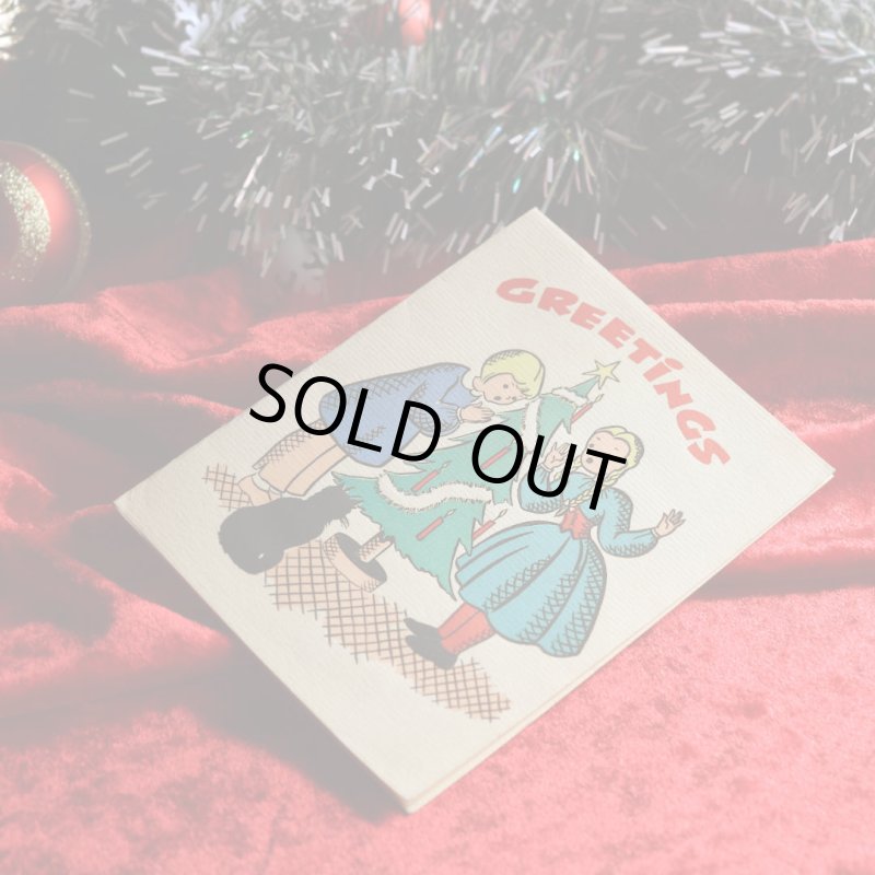 アンティーククリスマスカード｜2人の女の子とクリスマスツリー・黒猫アンティークカード