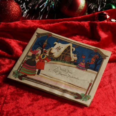 画像1: USAヴィンテージ1940年代紙ものクリスマスカード｜クリスマスの準備をする男女アンティークカード