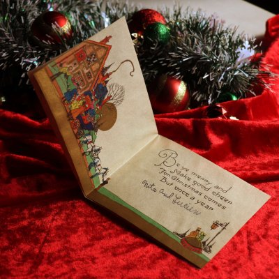 画像2: USAヴィンテージ1940年代紙ものクリスマスカード｜クリスマスの準備をする男女アンティークカード