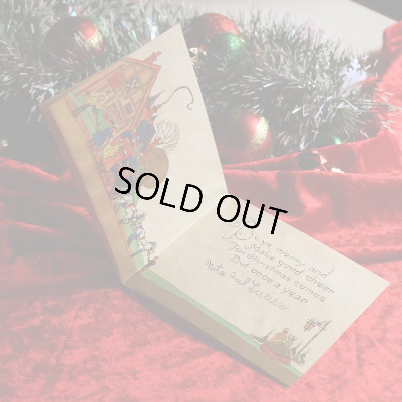 アンティーククリスマスカード紙もの｜クリスマスの準備をする男女1940年代ヴィンテージカード