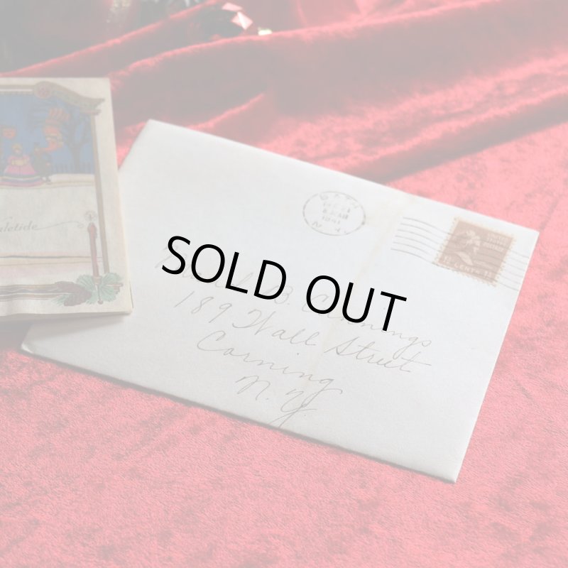 アンティーククリスマスカード紙もの｜クリスマスの準備をする男女1940年代ヴィンテージカード