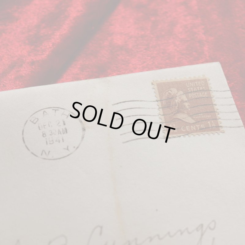 アンティーククリスマスカード紙もの｜クリスマスの準備をする男女1940年代ヴィンテージカード