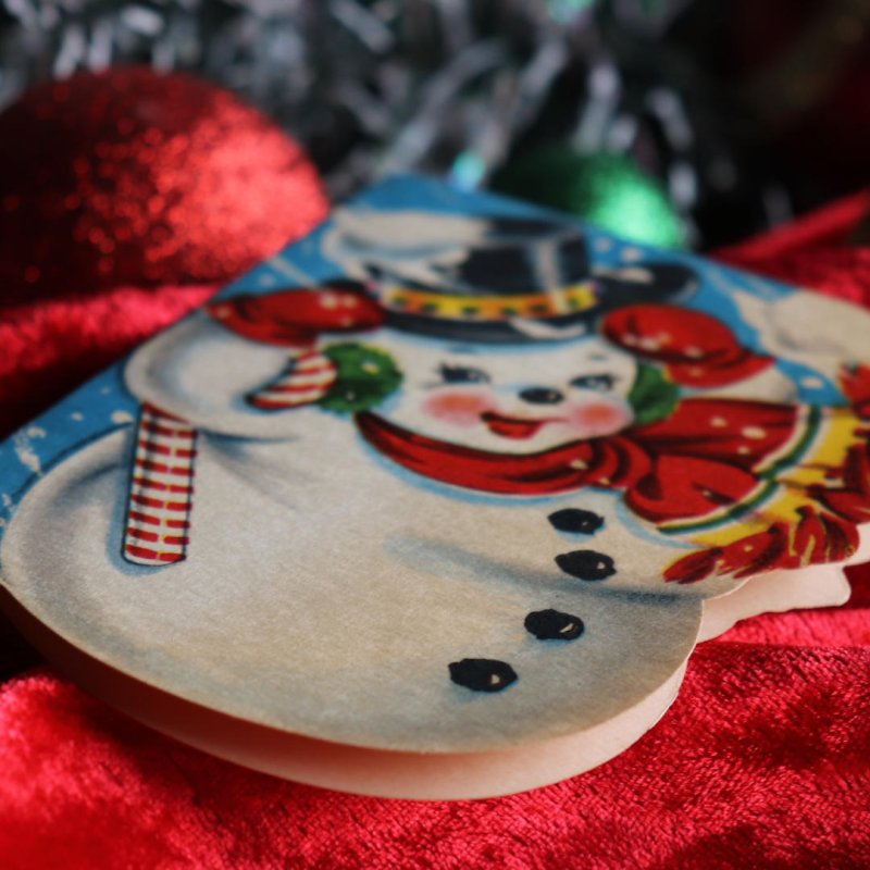 アンティーククリスマスカード紙もの｜ハットをかぶるスノーマン雪だるま1940年代ヴィンテージカード