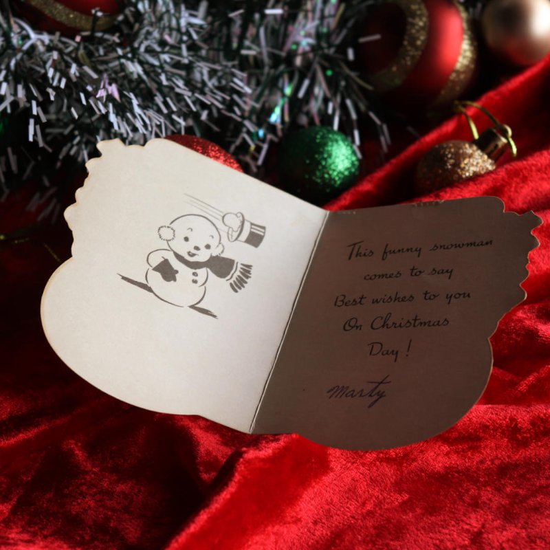 アンティーククリスマスカード紙もの｜ハットをかぶるスノーマン雪だるま1940年代ヴィンテージカード