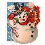 アンティーククリスマスカード紙もの｜ハットをかぶるスノーマン雪だるま1940年代ヴィンテージカード