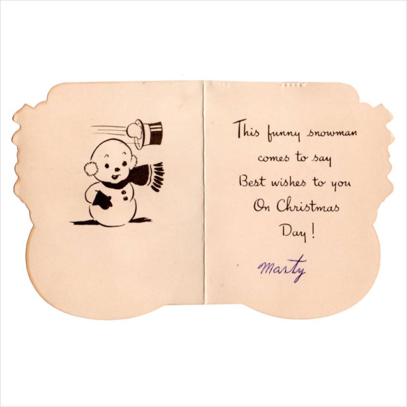 アンティーククリスマスカード紙もの｜ハットをかぶるスノーマン雪だるま1940年代ヴィンテージカード