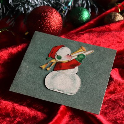 画像1: USAヴィンテージ1940年代紙ものクリスマスカード｜トランペットを吹くスノーマン雪だるまアンティークカード
