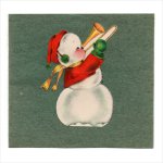 アンティーククリスマスカード紙もの｜トランペットを吹くスノーマン雪だるま1940年代ヴィンテージカード