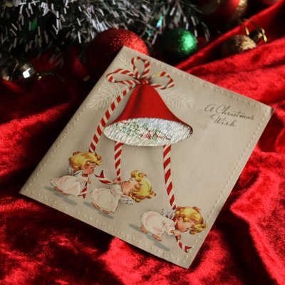 画像1: USAヴィンテージ1940年代紙ものクリスマスカード｜ジングルベルを飾る天使達アンティークカード