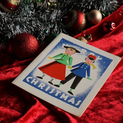 画像1: USAヴィンテージ1940年代紙ものクリスマスカード｜帽子をかぶった男女メリークリスマスCHEERIOアンティーク