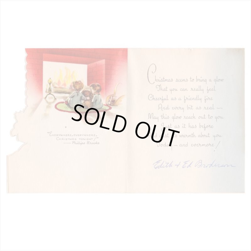 アンティーククリスマスカード紙もの｜暖炉の前でクリスマスの夢を見る子供と犬1940年代