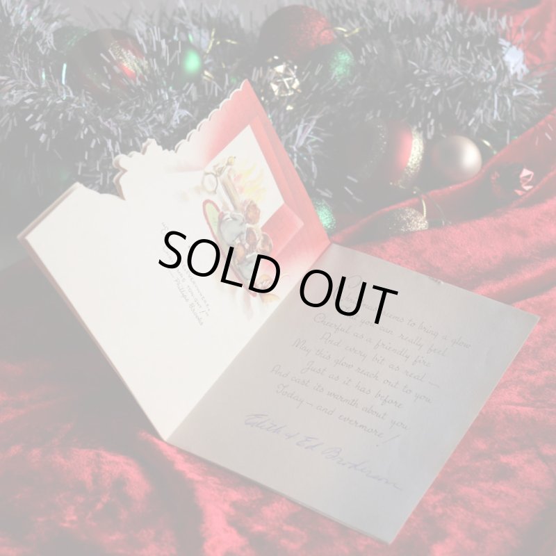 アンティーククリスマスカード紙もの｜暖炉の前でクリスマスの夢を見る子供と犬1940年代