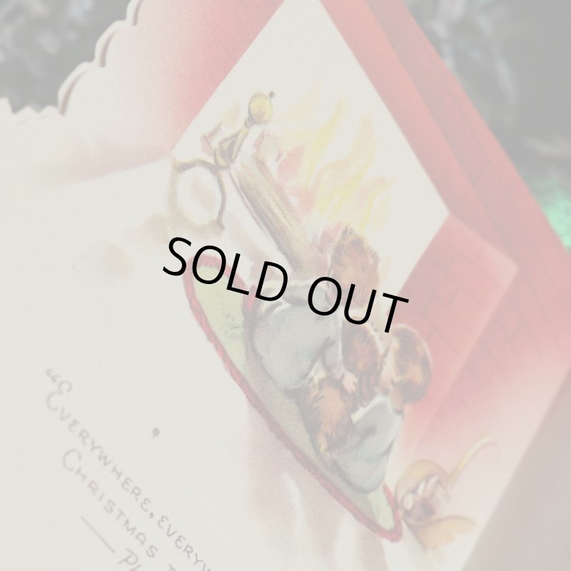 アンティーククリスマスカード紙もの｜暖炉の前でクリスマスの夢を見る子供と犬1940年代