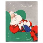 アンティーククリスマスカード紙もの｜ソファーで休憩するサンタクロース1940年代