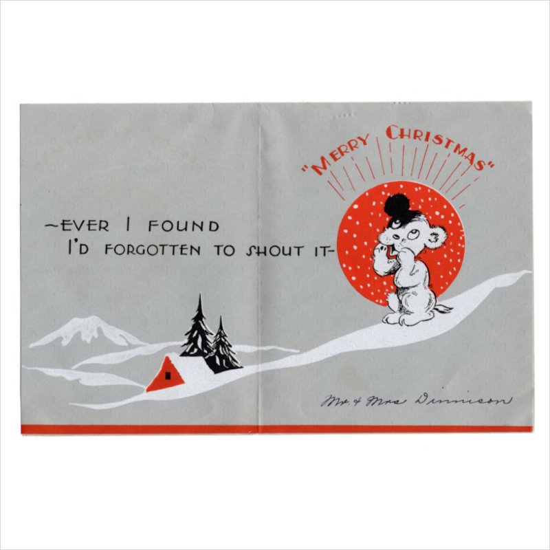アンティーククリスマスカード紙もの|木に縛られたキャラクターと雪景色アンティーク1960年代