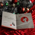 アンティーククリスマスカード紙もの｜木に縛られたキャラクターと雪景色アンティーク1960年代