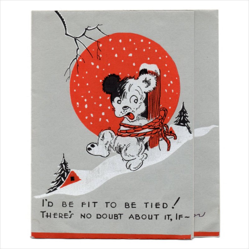 アンティーククリスマスカード紙もの｜木に縛られたキャラクターと雪景色アンティーク1960年代