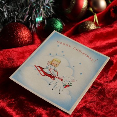画像1: USAヴィンテージ1940年代紙ものクリスマスカード｜子羊とソリに乗る天使アンティーク