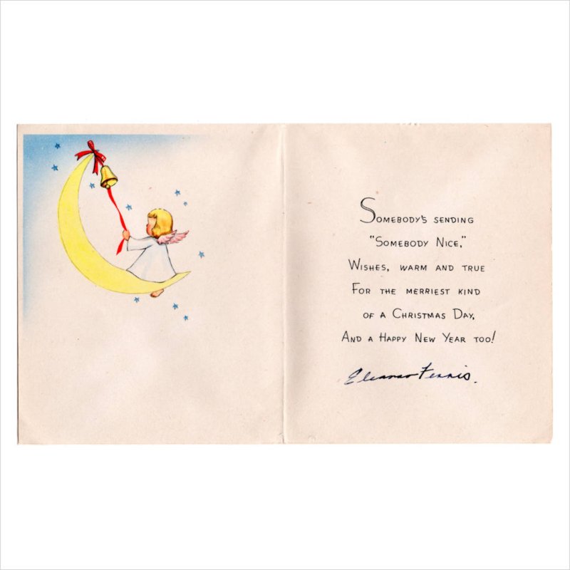 アンティーククリスマスカード紙もの|子羊とソリに乗る天使アンティーク1940年代