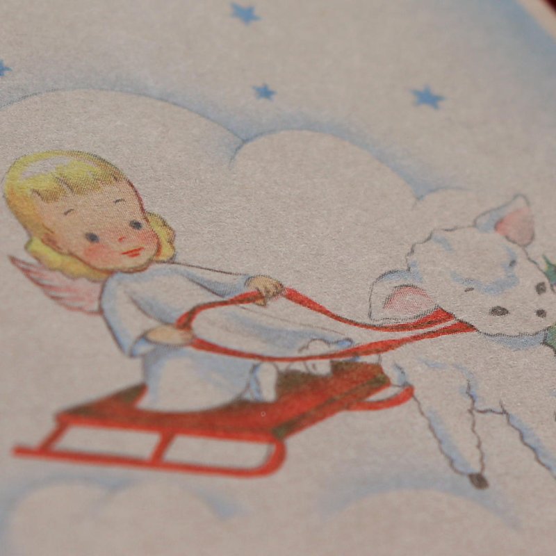 アンティーククリスマスカード紙もの|子羊とソリに乗る天使アンティーク1940年代