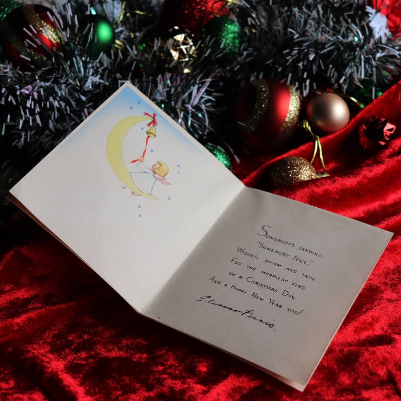 アンティーククリスマスカード紙もの|子羊とソリに乗る天使アンティーク1940年代