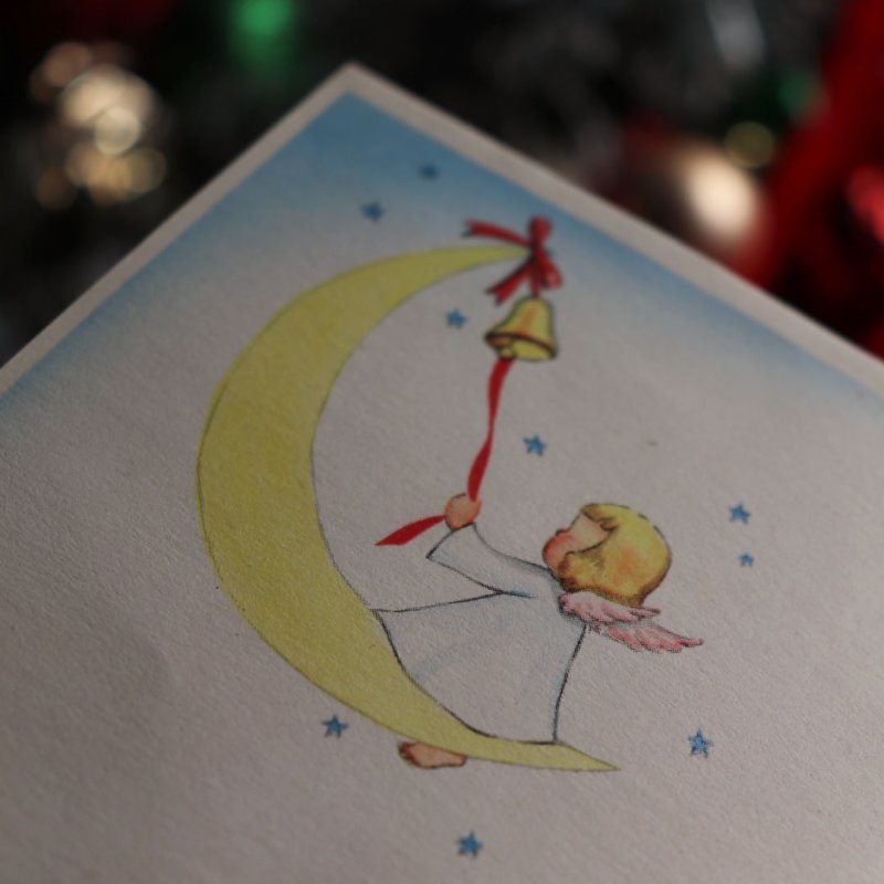 アンティーククリスマスカード紙もの|子羊とソリに乗る天使アンティーク1940年代