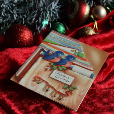 画像1: USAヴィンテージ1940年代紙ものクリスマスカード｜2羽の青い小鳥とグリーティングカードアンティーク