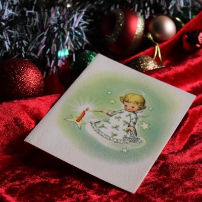 画像1: USAヴィンテージ1940年代紙ものクリスマスカード｜キャンドルに灯りをつける天使アンティーク