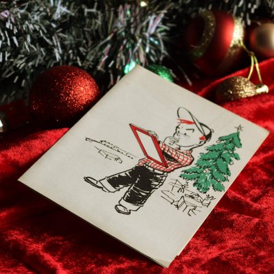 画像1: USAヴィンテージ1960年代紙ものクリスマスカード｜クリスマスのメッセージに悩む男の子アンティーク